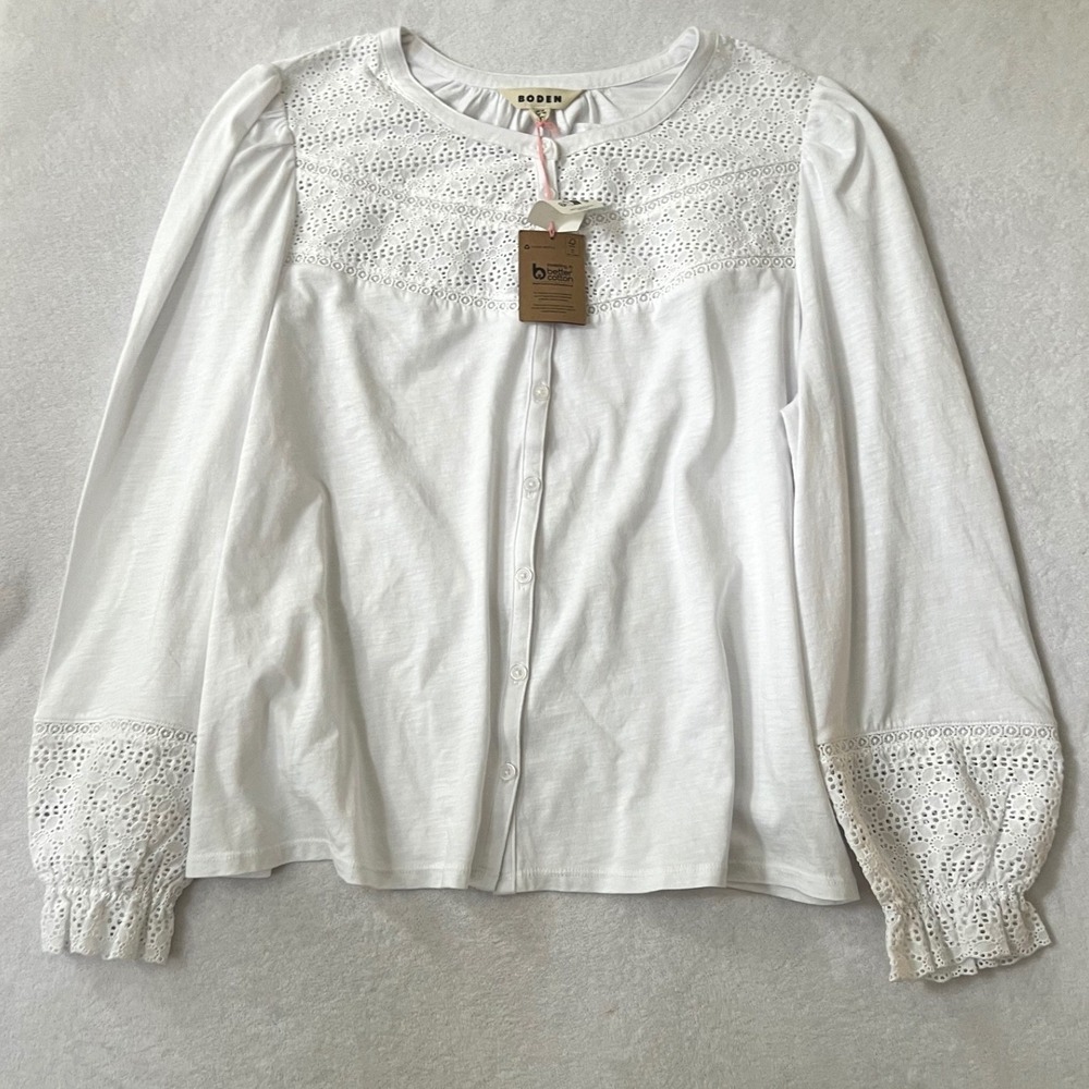 Boden Jade Broderie Shirt White Eyelet Lace Ruffle Long Sleeve US 10 NWT